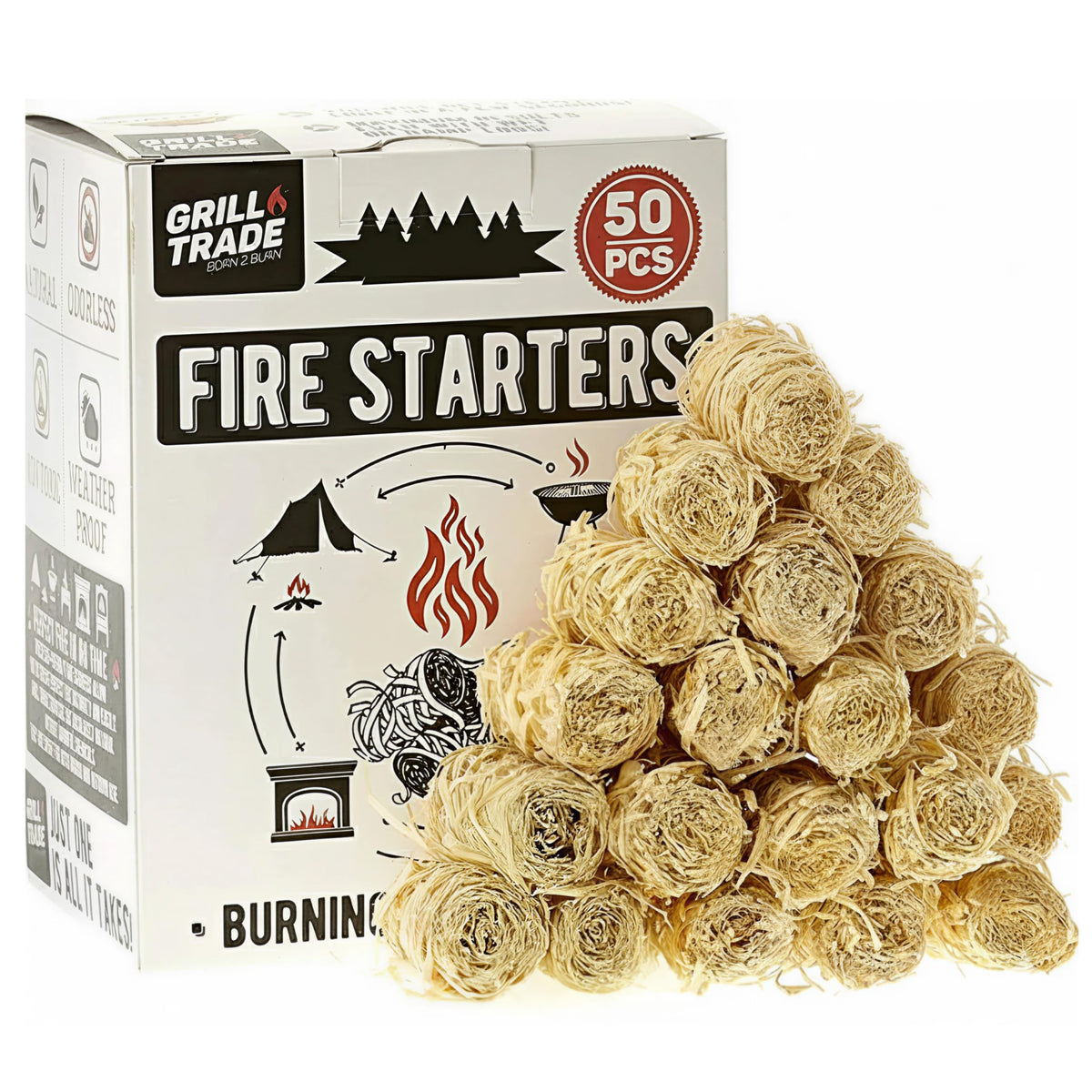Grill Trade Fire Starters ignite quickly with pine wood shavings for clean grilling.