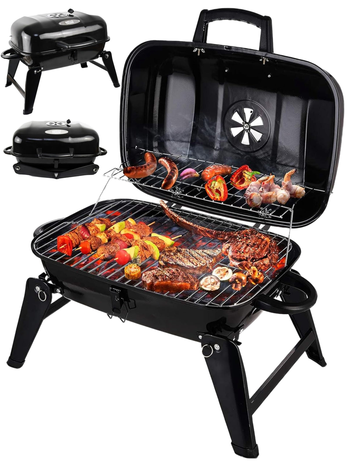 Grill Trade portable charcoal grill folded for easy transport during camping.