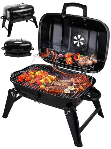 Grill Trade portable charcoal grill folded for easy transport during camping.