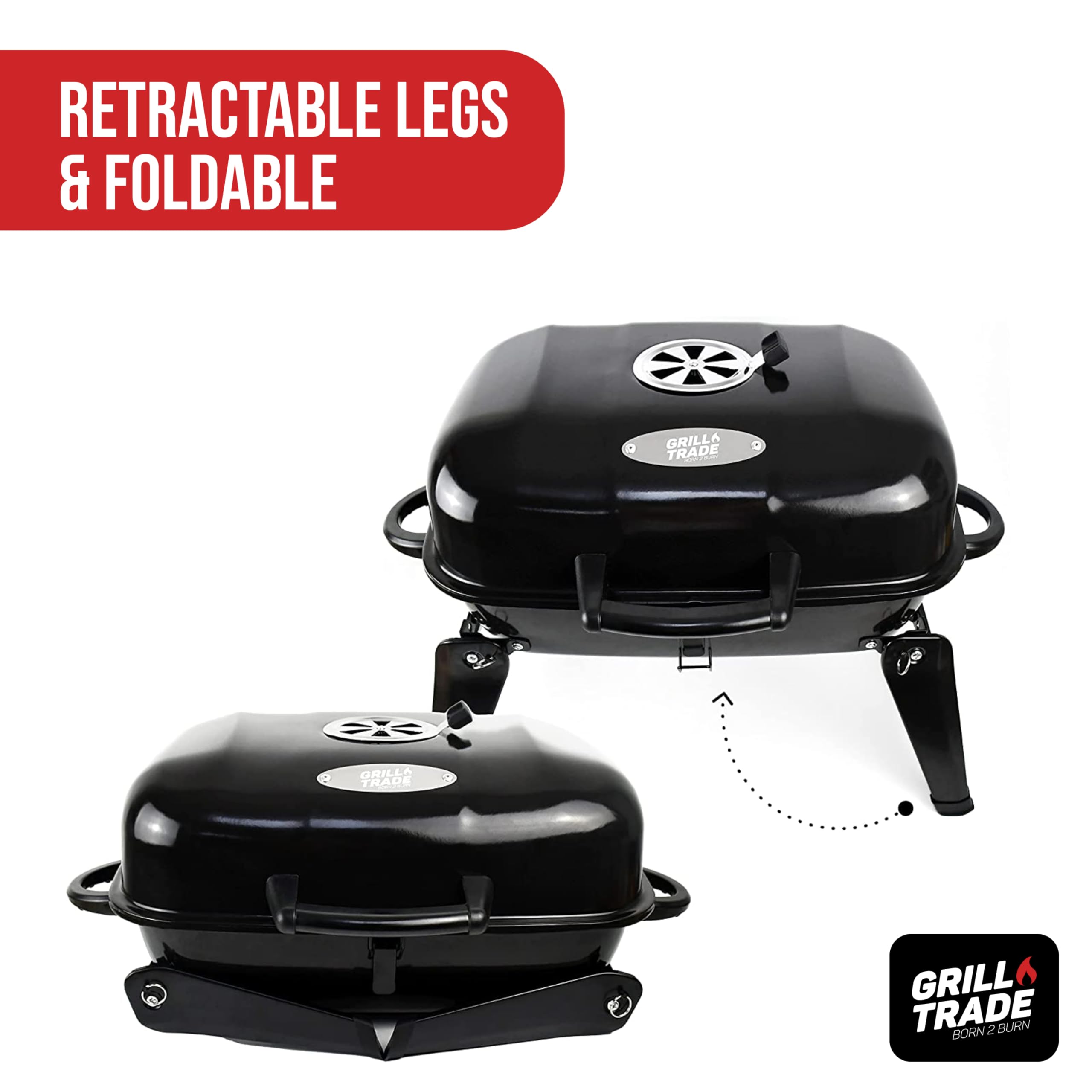 Grill Trade space-saving design fits compact patios, balconies, or camping setups.