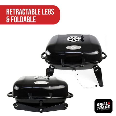 Grill Trade space-saving design fits compact patios, balconies, or camping setups.