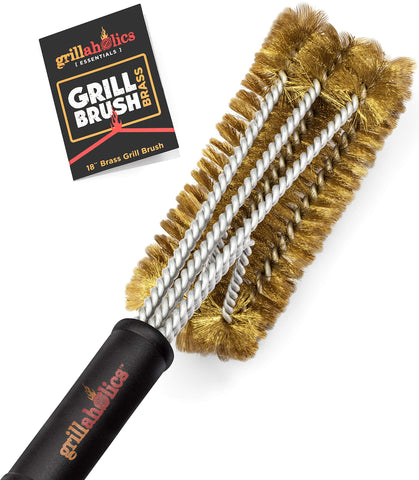 Grillaholics Brass Grill Brush closeup showing durable bristles for safe porcelain grates.