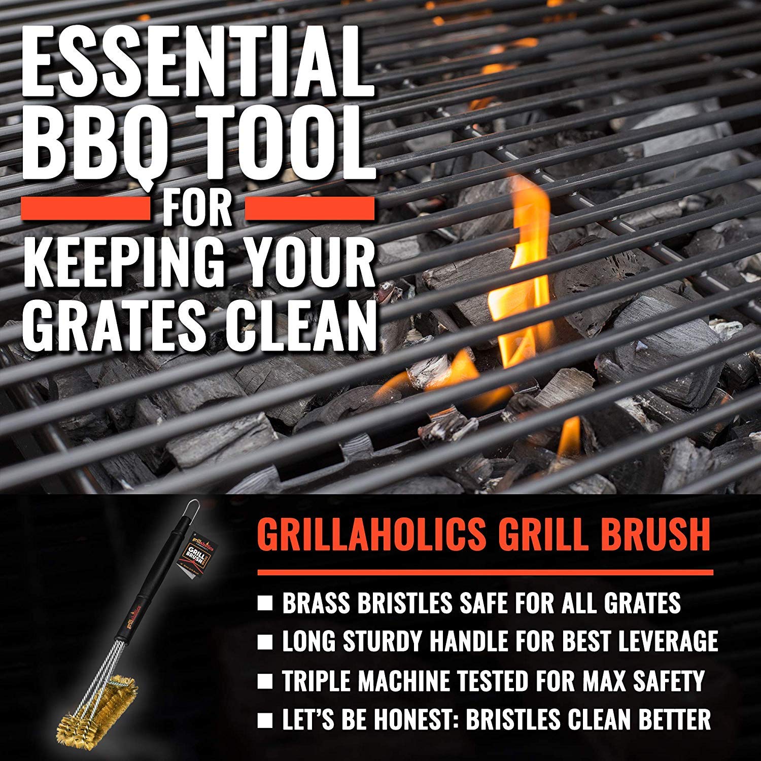 Grillaholics Brass Grill Brush long reach view highlighting heat protection during cleaning.