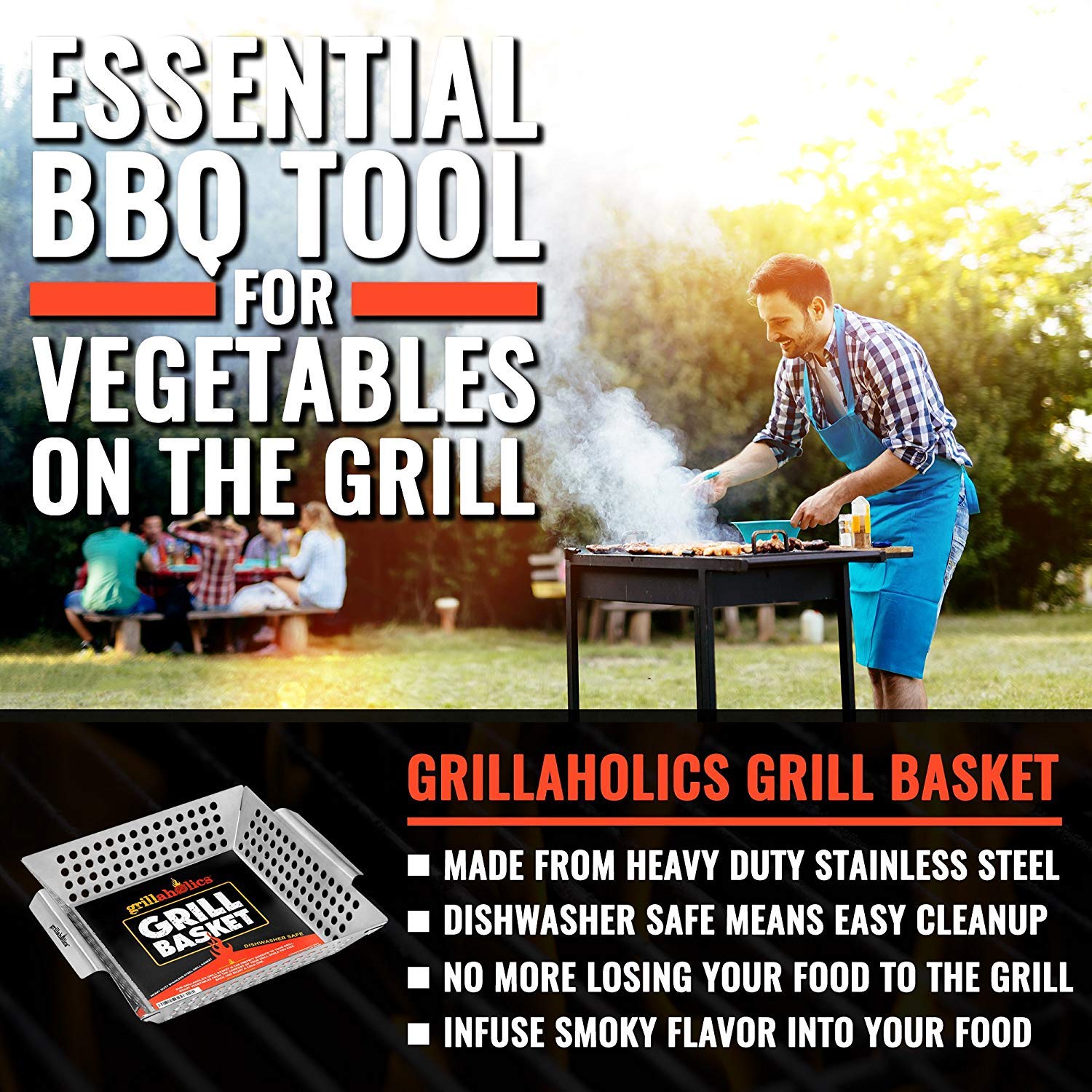 Grillaholics grill basket heavy-duty stainless frame resists heat