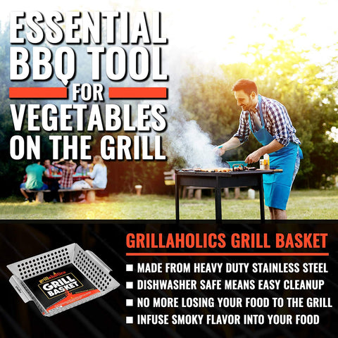 Grillaholics grill basket heavy-duty stainless frame resists heat