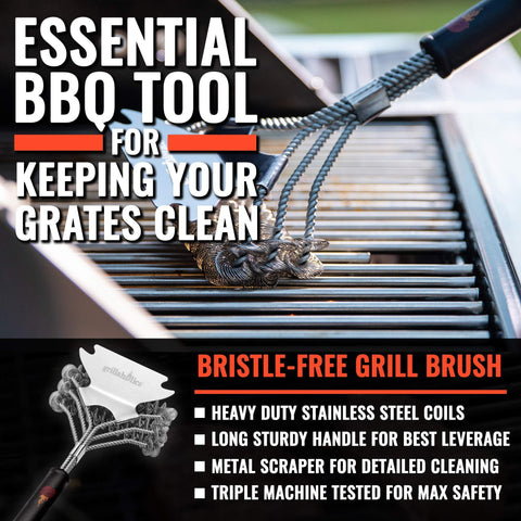 Grillaholics Grill Brush with built-in scraper targets stubborn residue.