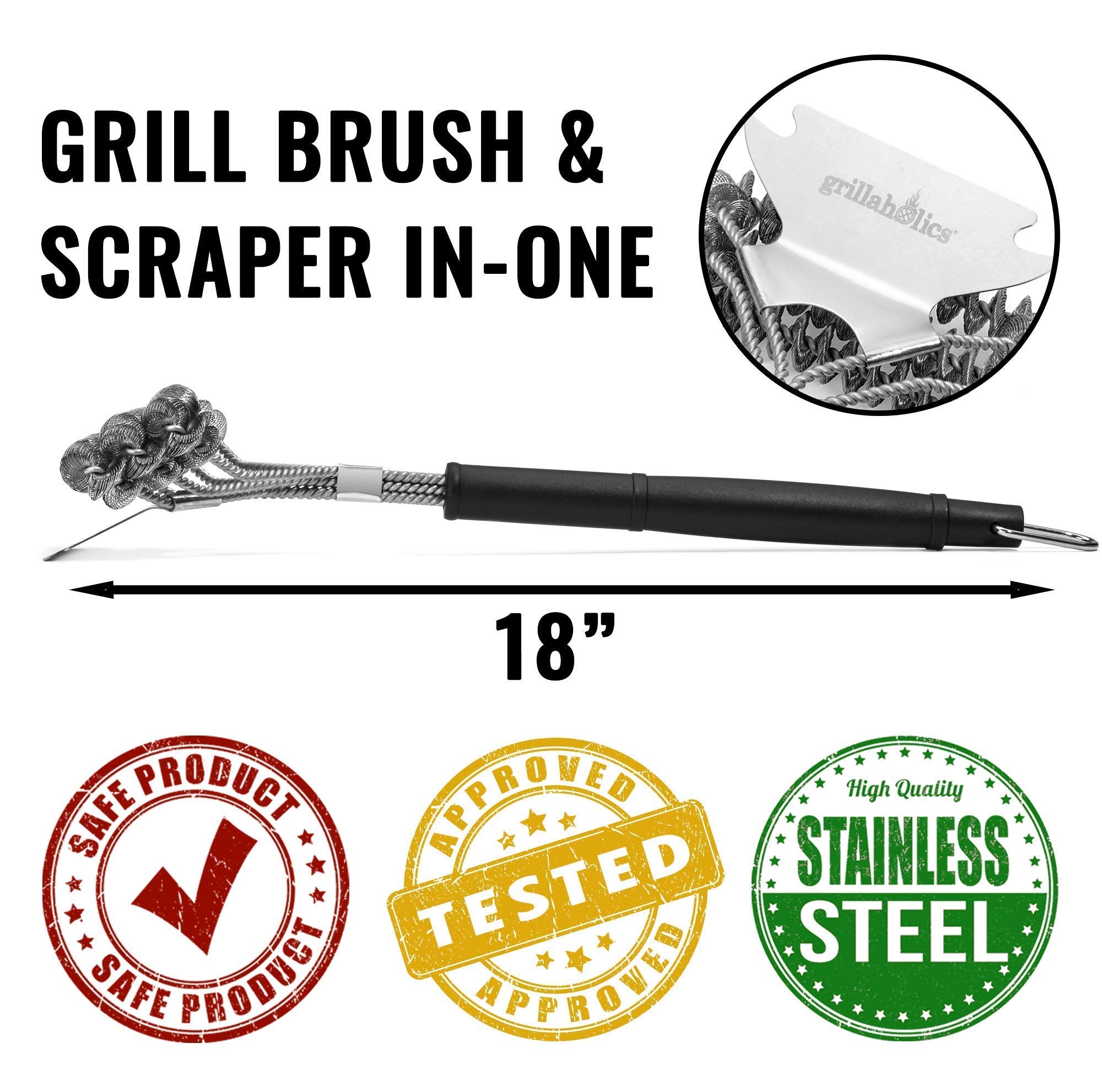 Grillaholics triple-helix wire cleans thoroughly without bristles.