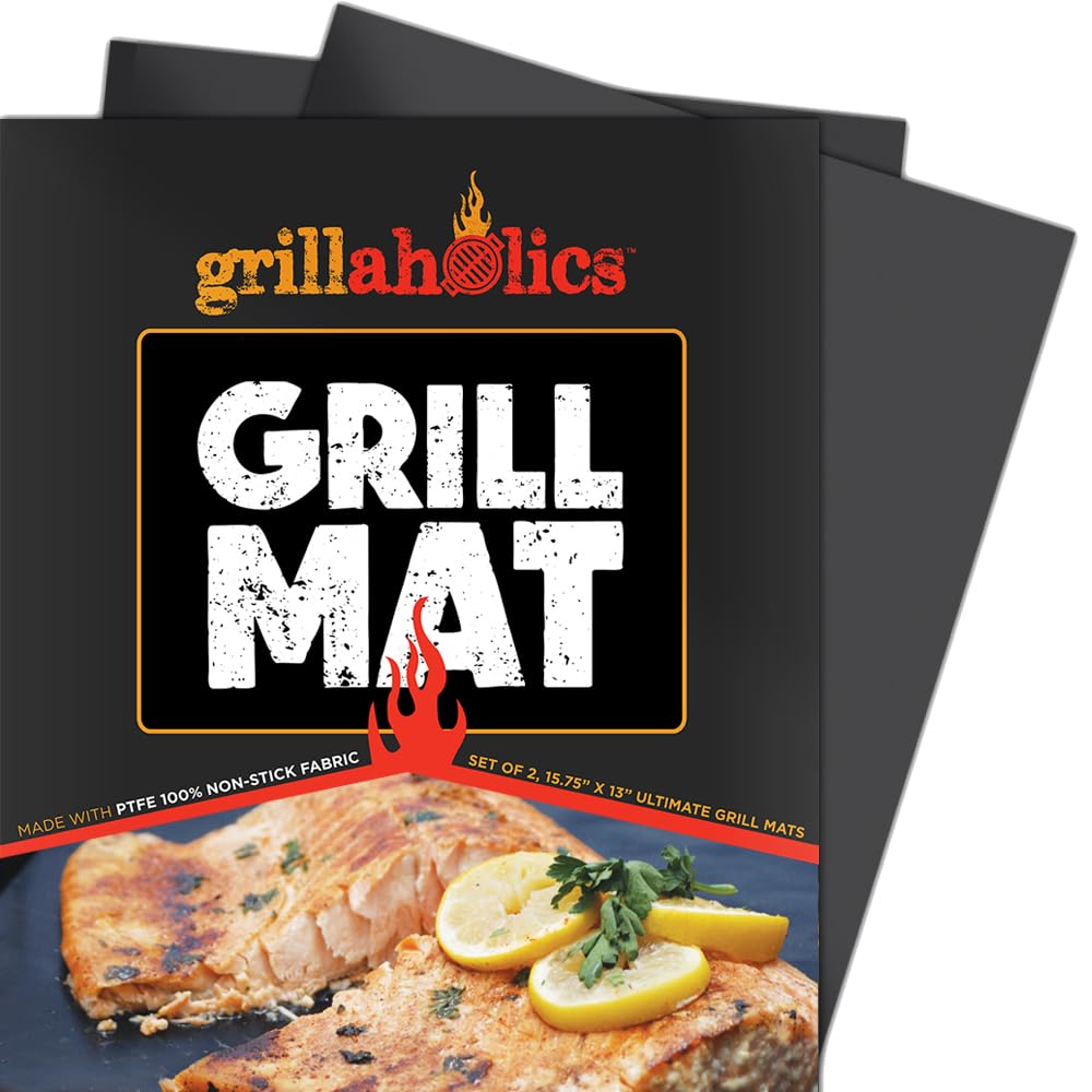 Grillaholics heavy-duty grill mats set 2 on a grill for even marks and easy cleanup.