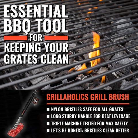 Grillaholics nylon brush three-in-one head speeds clean across grates.