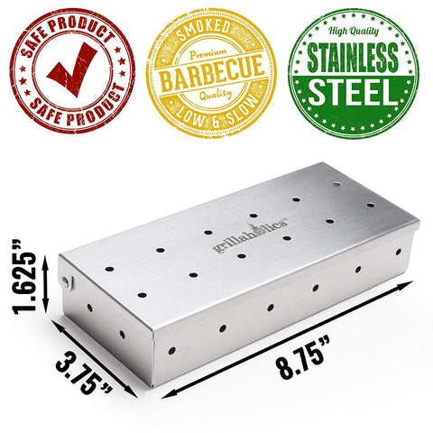 Grillaholics smoker box shows durable stamped stainless steel construction