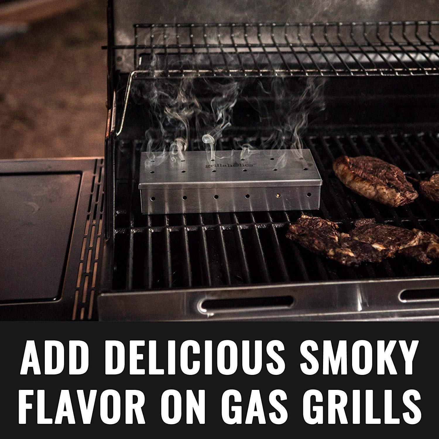 Grillaholics smoker box hinged lid open for chip addition