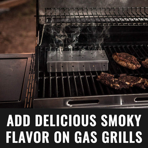 Grillaholics smoker box hinged lid open for chip addition