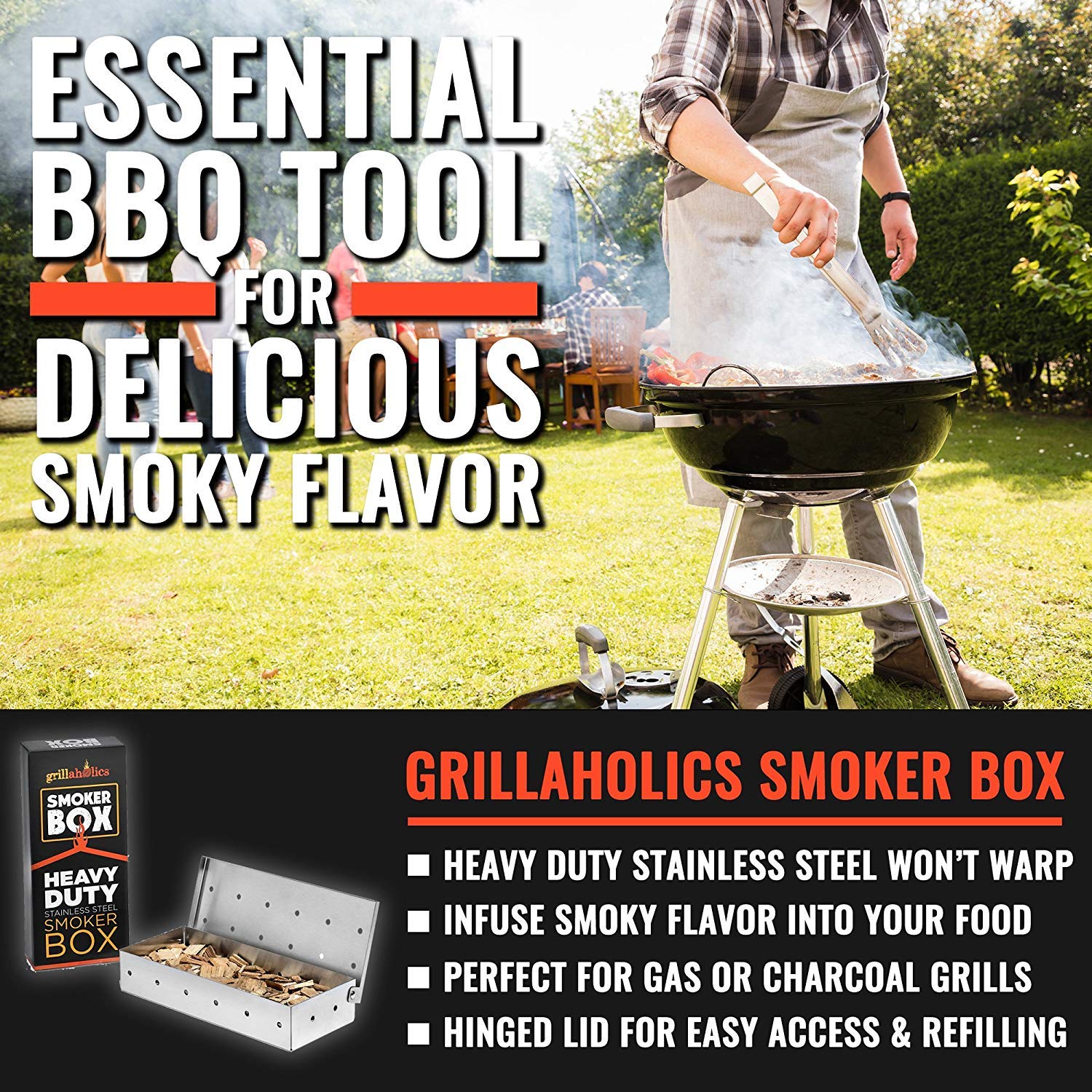 Grillaholics smoker box on grill with lid closed for smoking