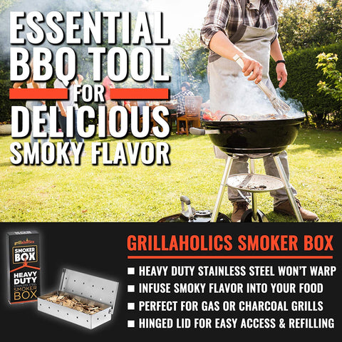 Grillaholics smoker box on grill with lid closed for smoking