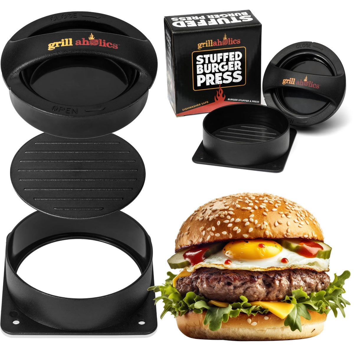 Grillaholics stuffed burger press assembly for quick, mess-free burgers.