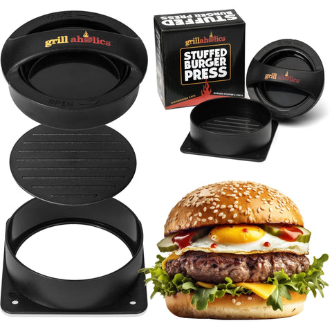 Grillaholics stuffed burger press assembly for quick, mess-free burgers.