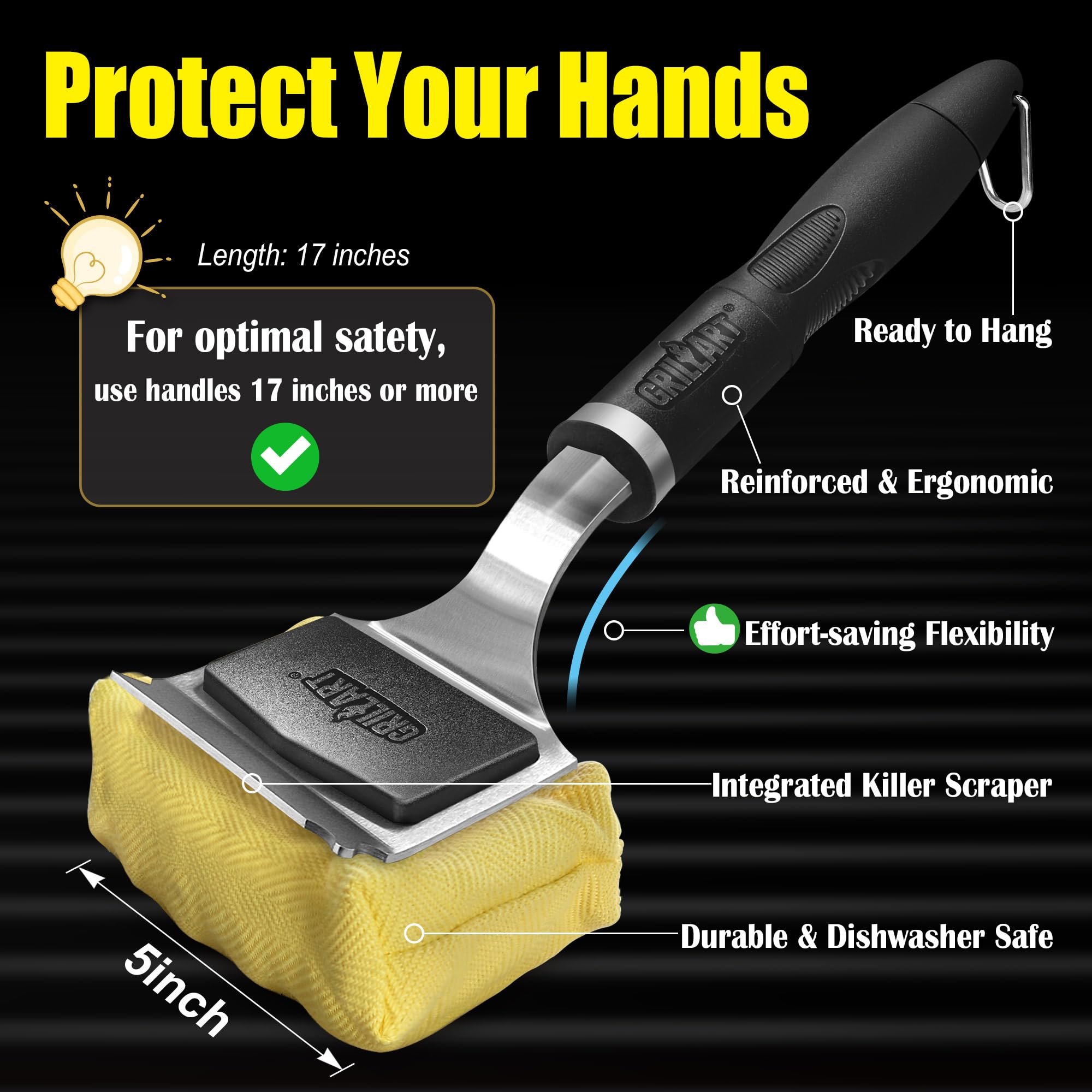 GRILLART 17-inch handle with sturdy stainless steel connection for tough cleaning.
