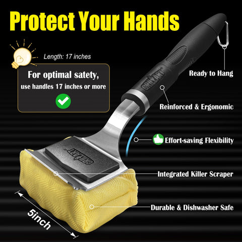 GRILLART 17-inch handle with sturdy stainless steel connection for tough cleaning.