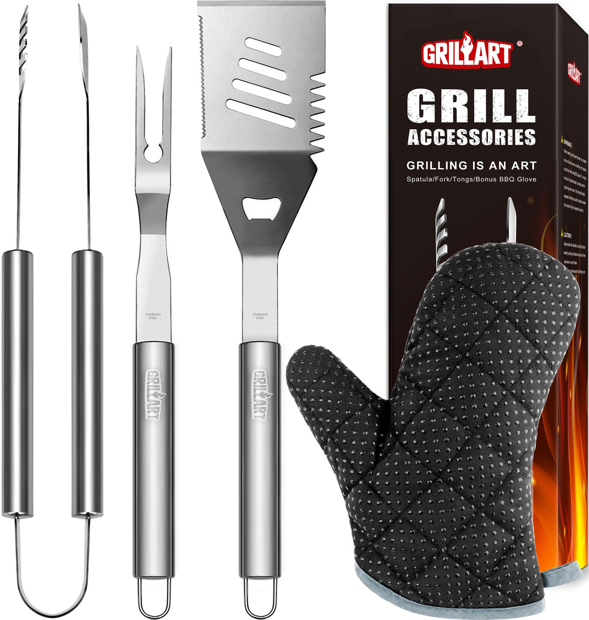 GRILLART 3-piece spatula demonstrating versatile 4-in-1 function for grilling