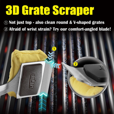 GRILLART angled scraper with edge grooves reaching corners and edges.