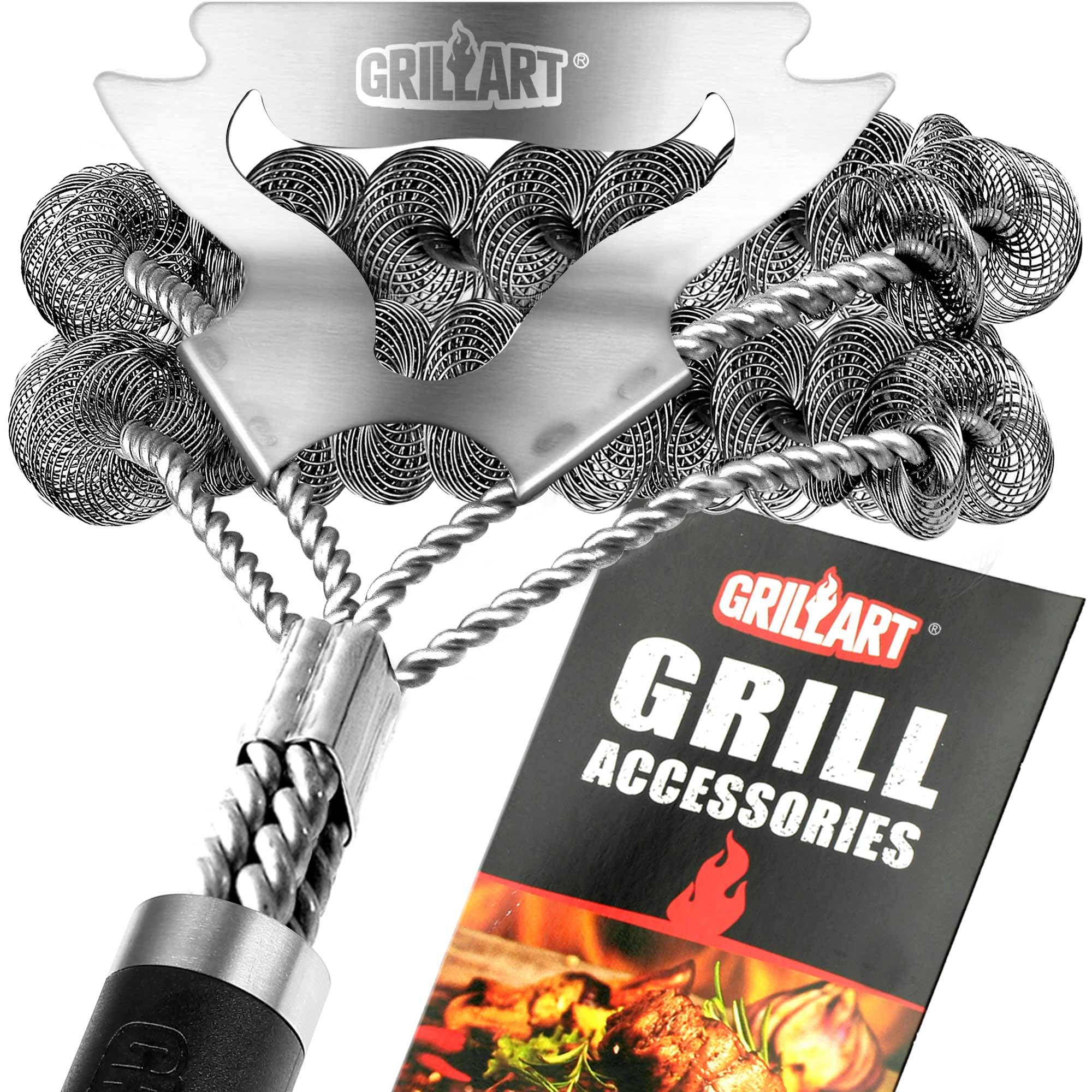 GRILLART bristle-free brush close-up highlighting safety and residue removal.