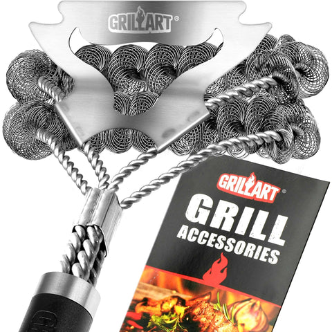 GRILLART bristle-free brush close-up highlighting safety and residue removal.