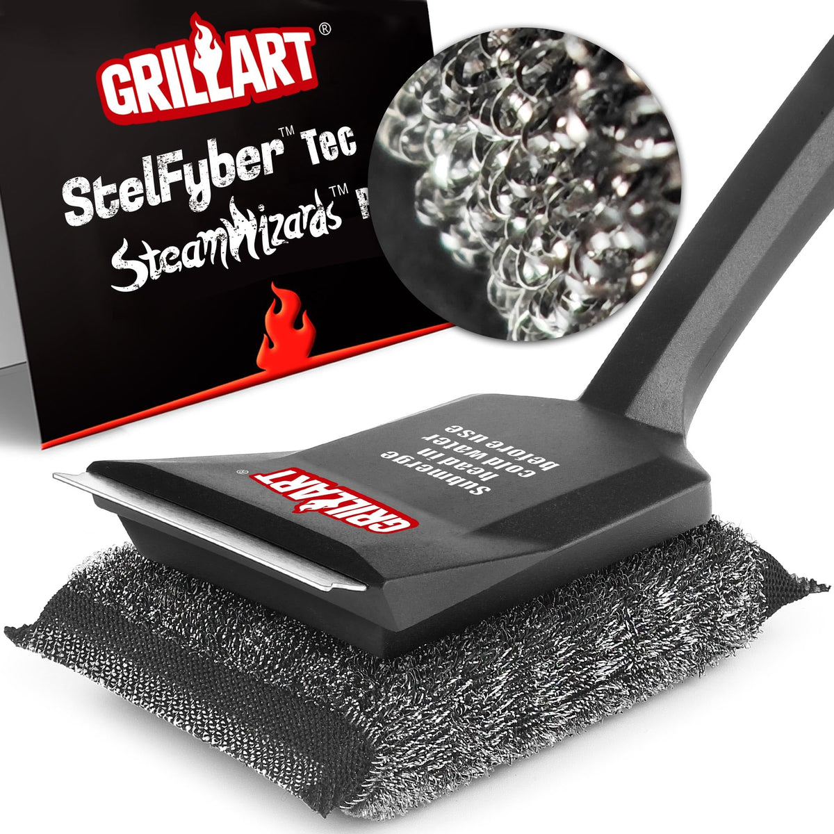 GRILLART bristle-free brush with steam power for easy grill maintenance.