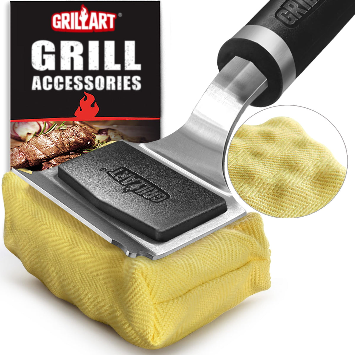 GRILLART bristle-free steam cleaning pad on grill grate, cleaning with steam.