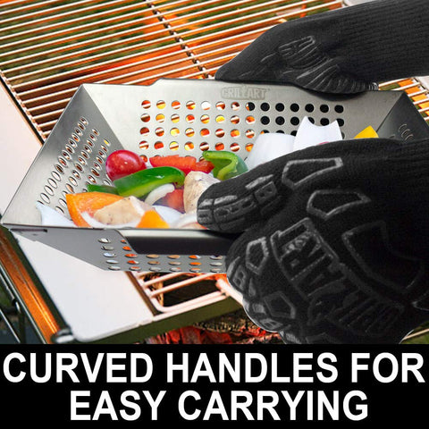 GRILLART dishwasher-safe grill basket for easy cleaning after grilling.