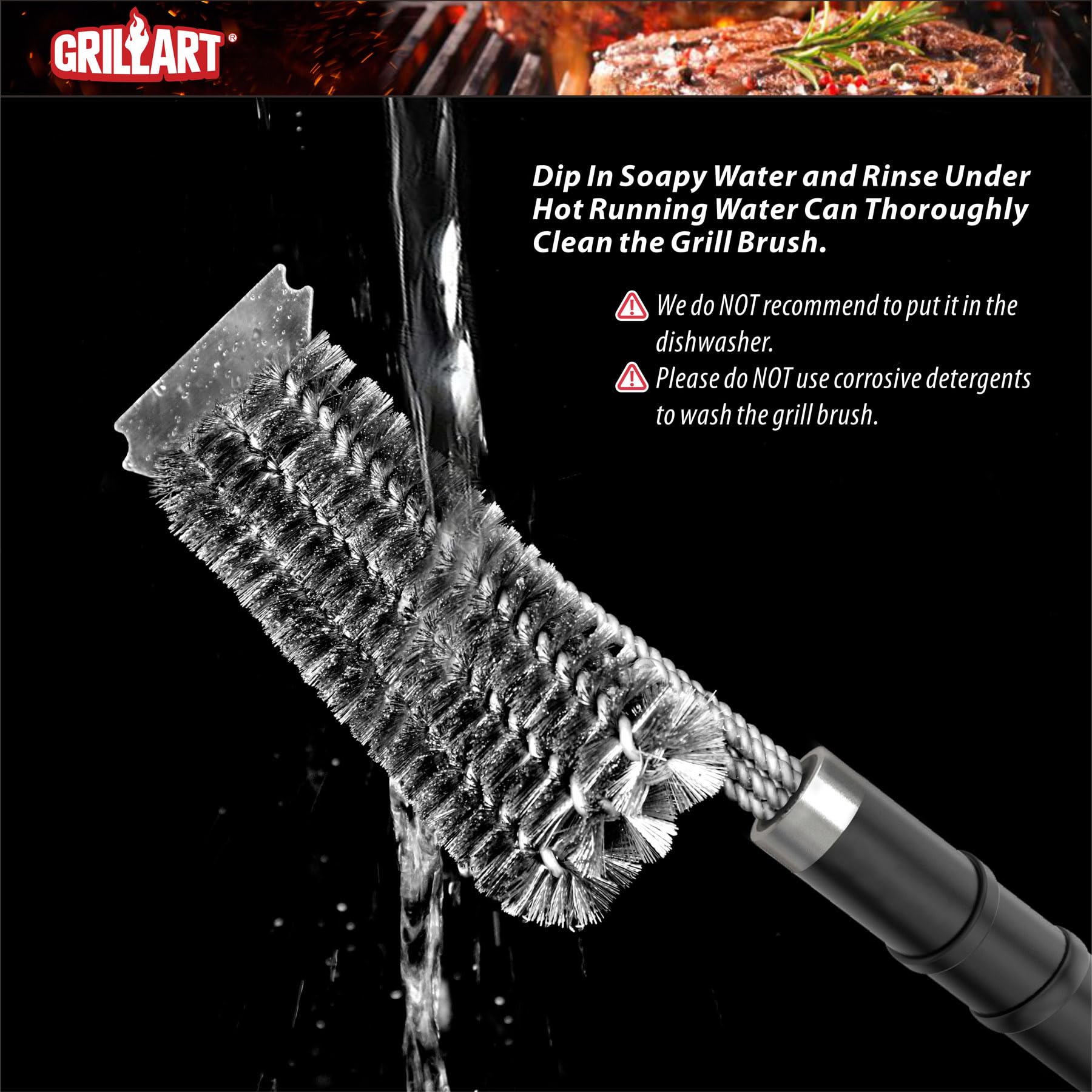 GRILLART ergonomic anti-slip grip enhances control during cleaning.