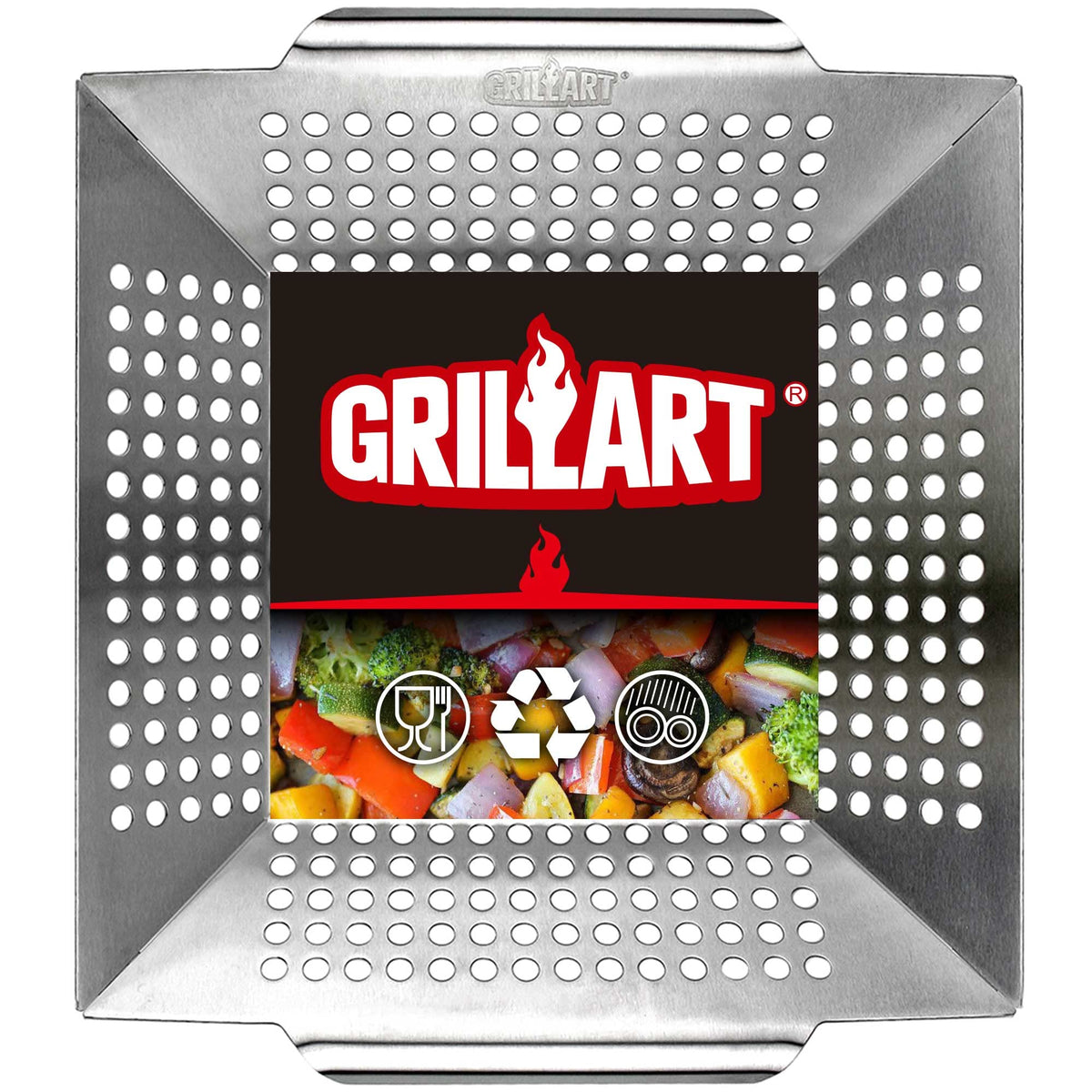 GRILLART heavy-duty grill basket for outdoor grilling, fast and even cooking.