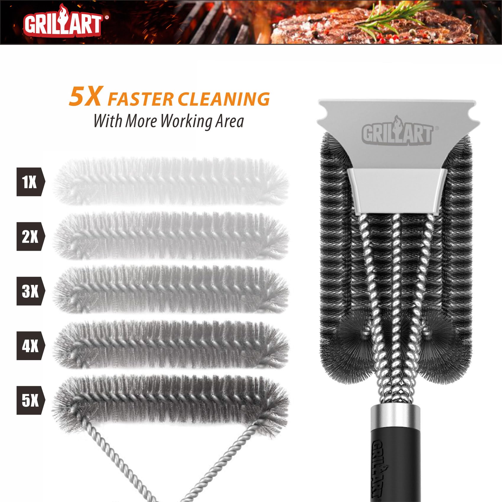 GRILLART heavy-duty scraper removes stubborn residue without scratching.