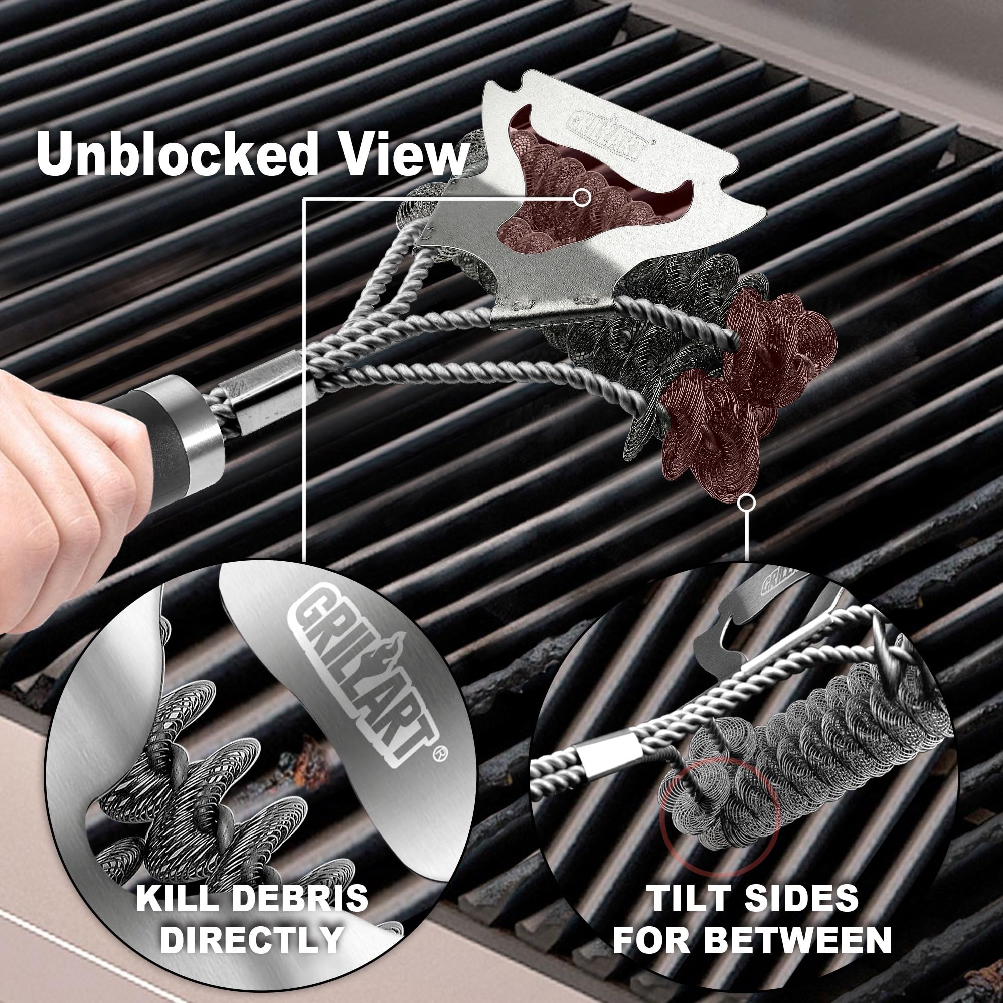 GRILLART hollowed scraper design targets tough buildup with clear visibility.