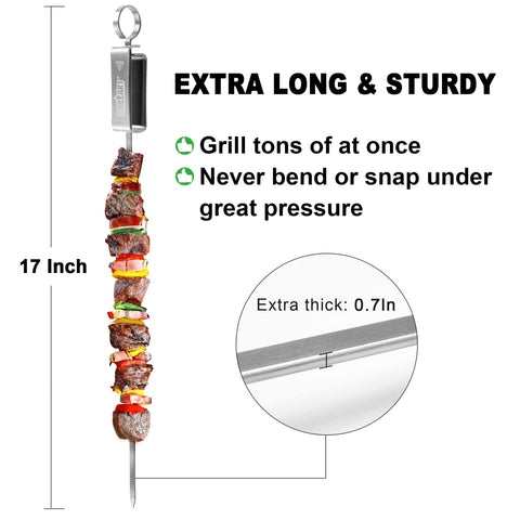 GRILLART 17-inch skewers fit grills and batch cook efficiently.