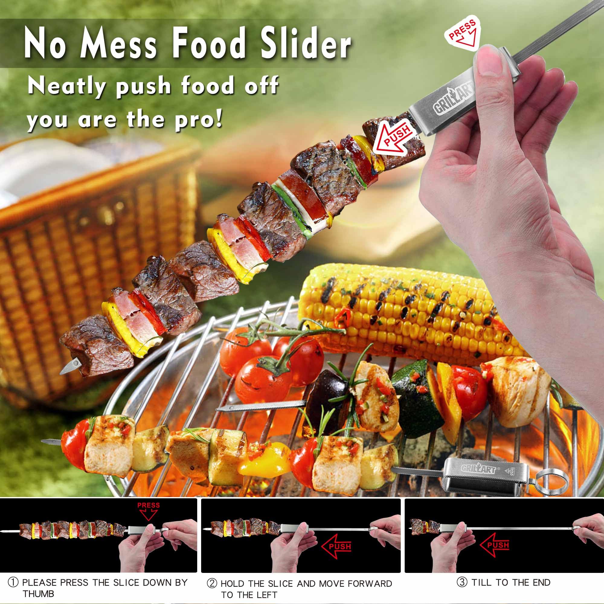 GRILLART flat-blade skewers prevent spinning for even cooking.