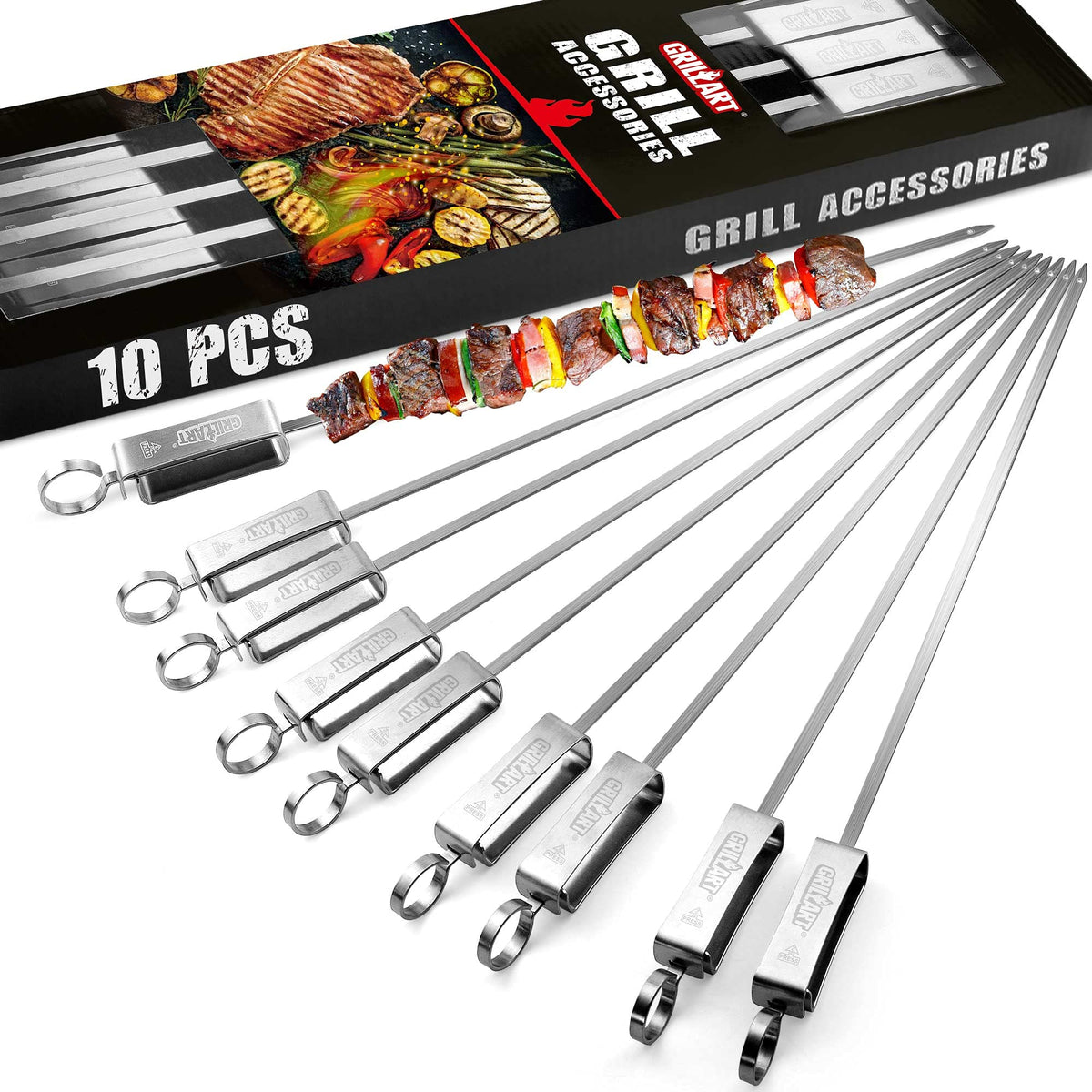 GRILLART Kabob Skewers with slider release for neat food transfer.