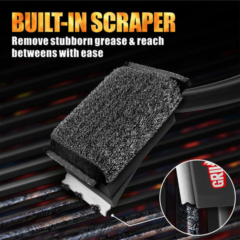 GRILLART long-arch handle provides a comfortable grip during grill cleanup.