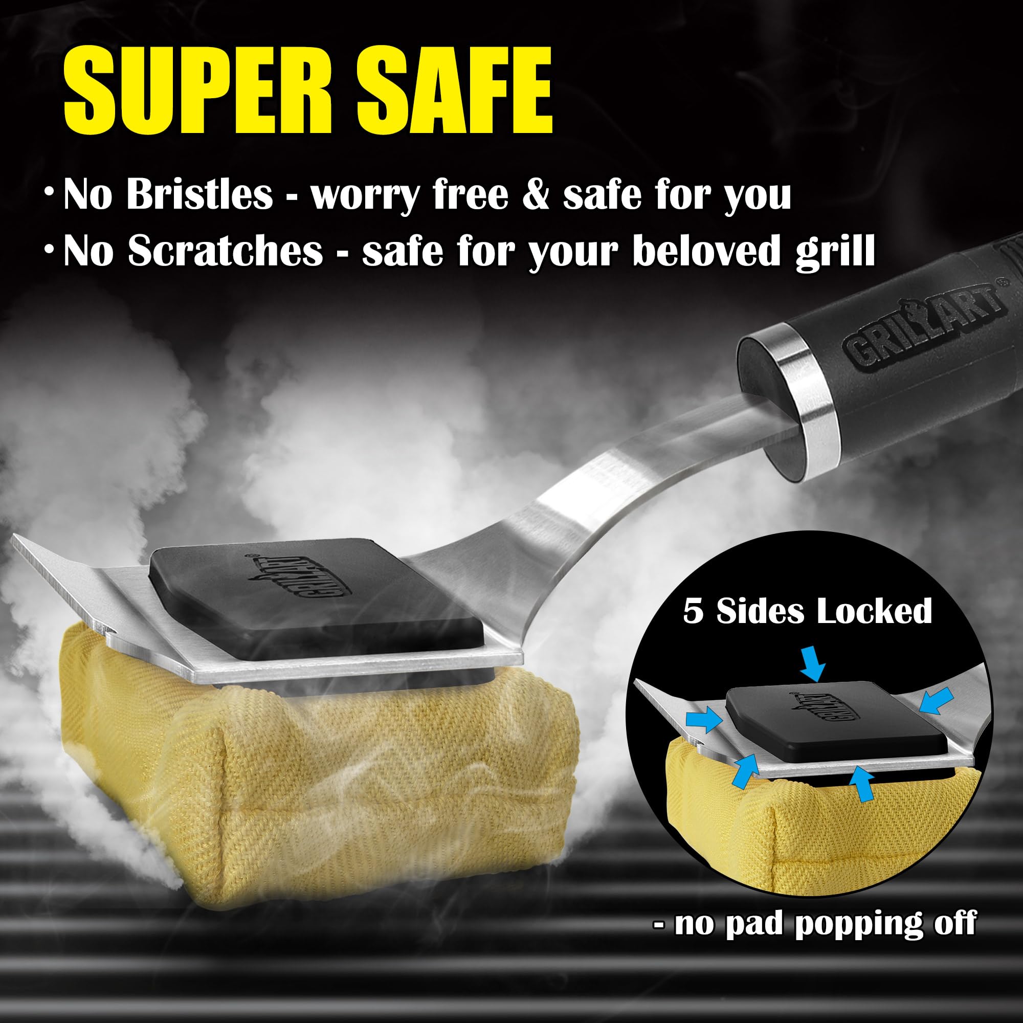 GRILLART replaceable head attached to 17-inch handle for versatile maintenance.