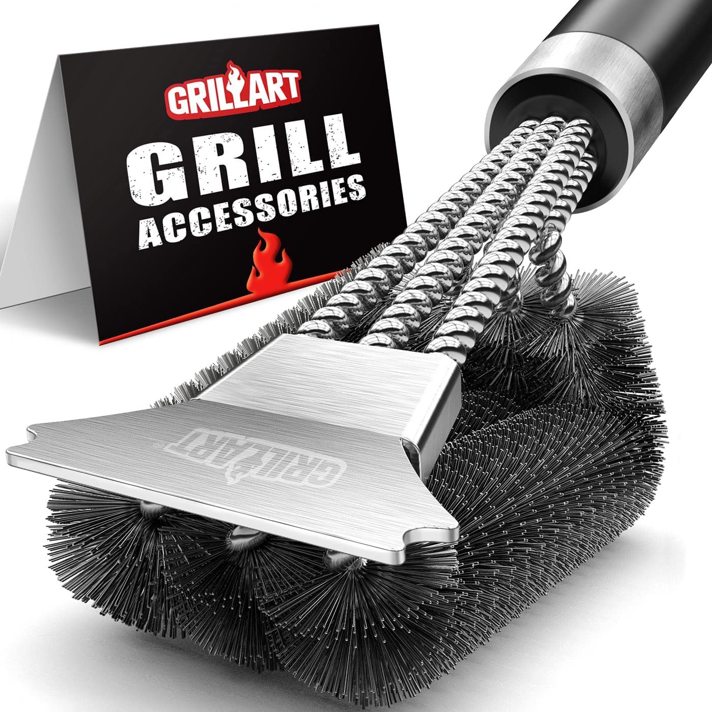 GRILLART round-head BBQ brush cleans grill surfaces quickly and efficiently.