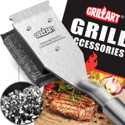 GRILLART stainless steel handle closeup showing durable grip