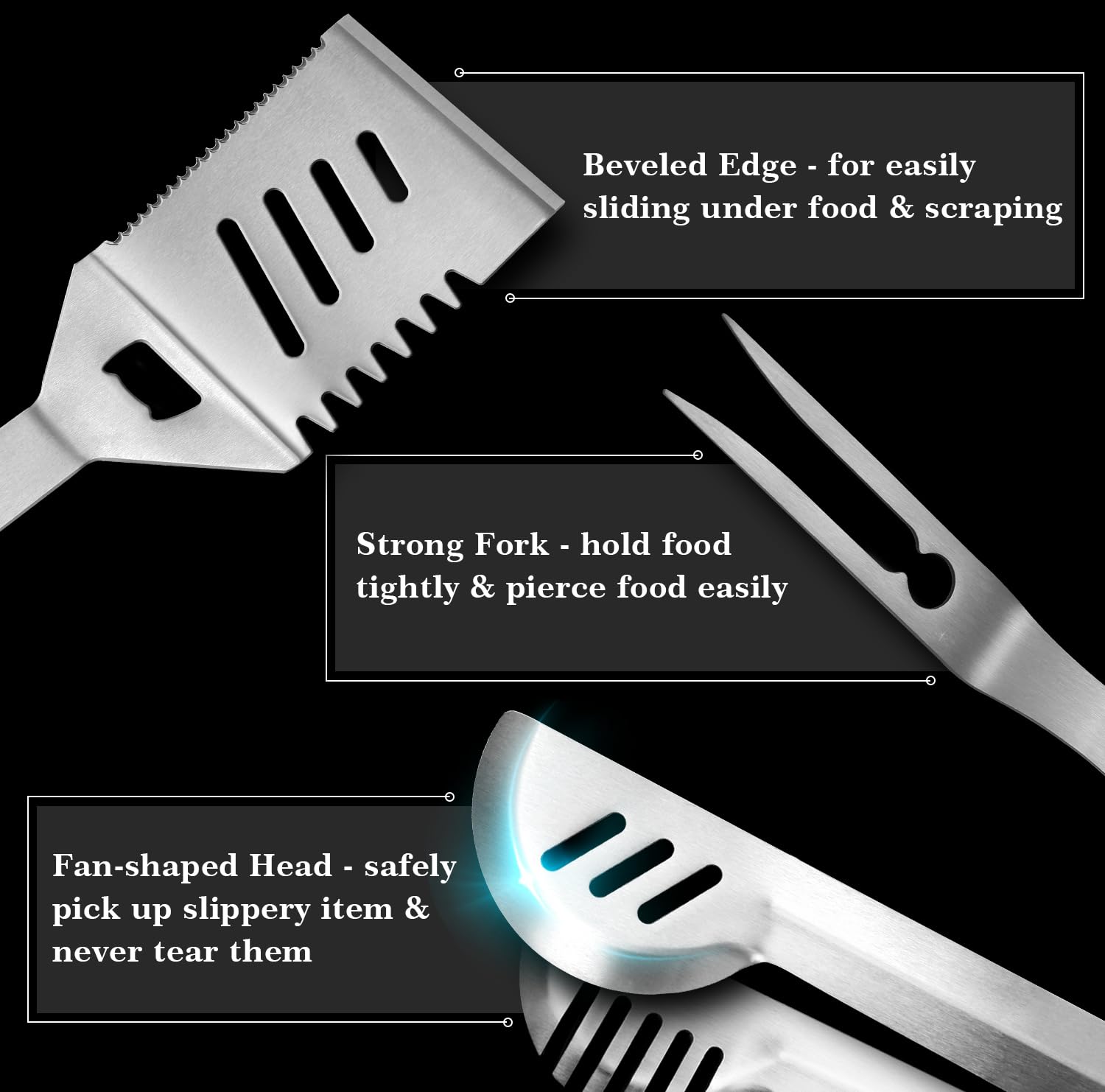 GRILLART stainless steel tools shown as rust-resistant and easy to clean