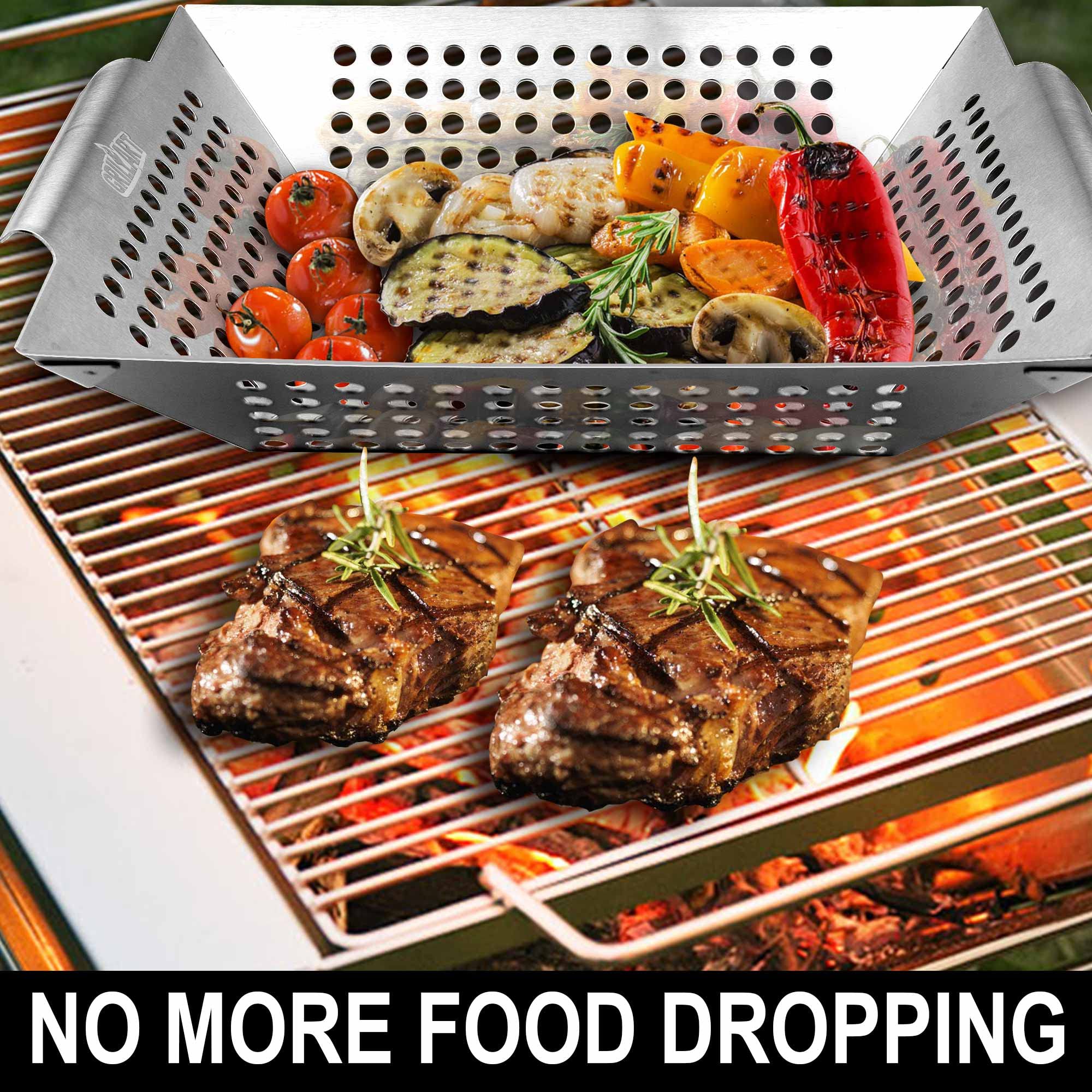 GRILLART stainless steel vegetable basket keeps veggies in place while grilling.