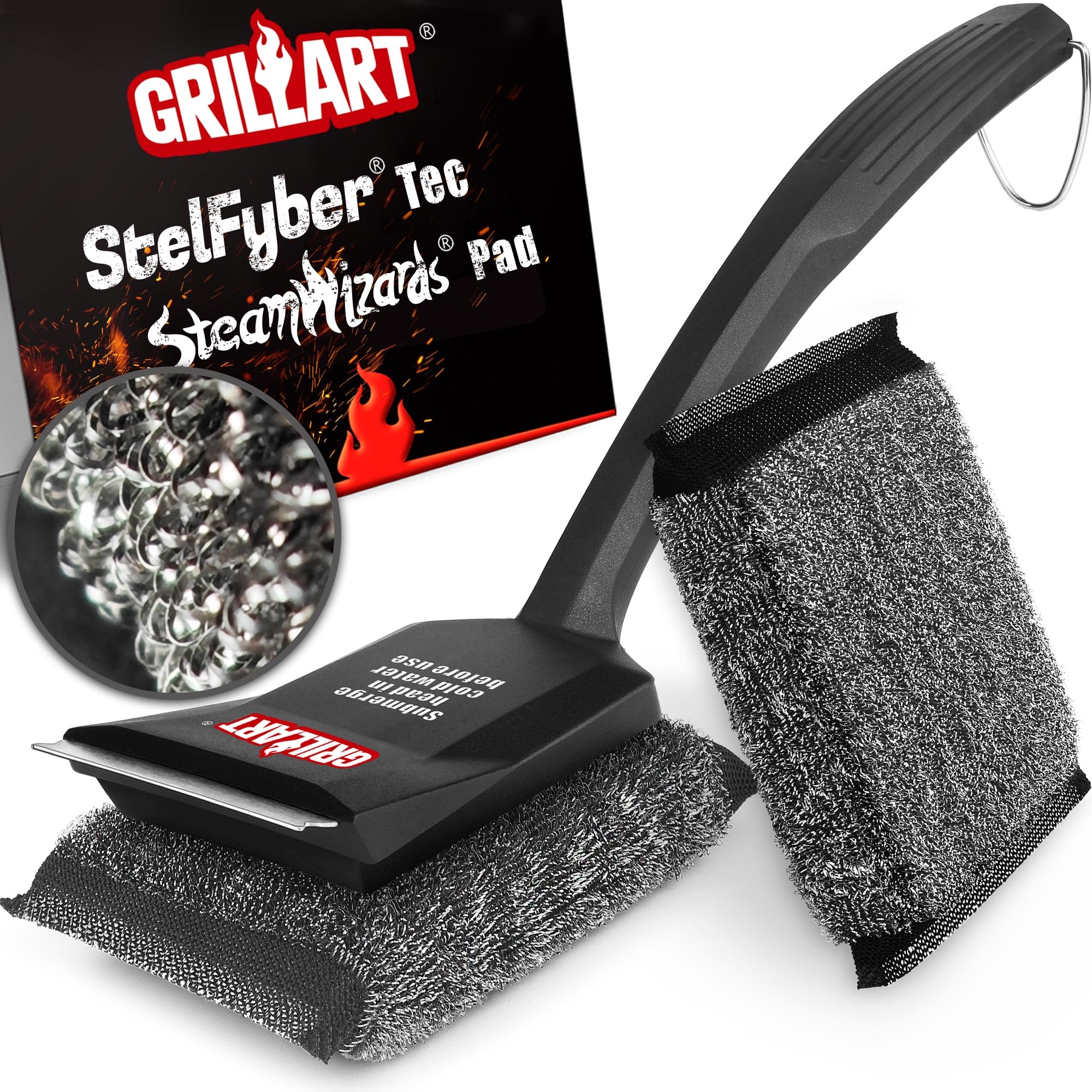 GRILLART SteamWizards brush with replaceable head in action on a grill, safe cleaning.