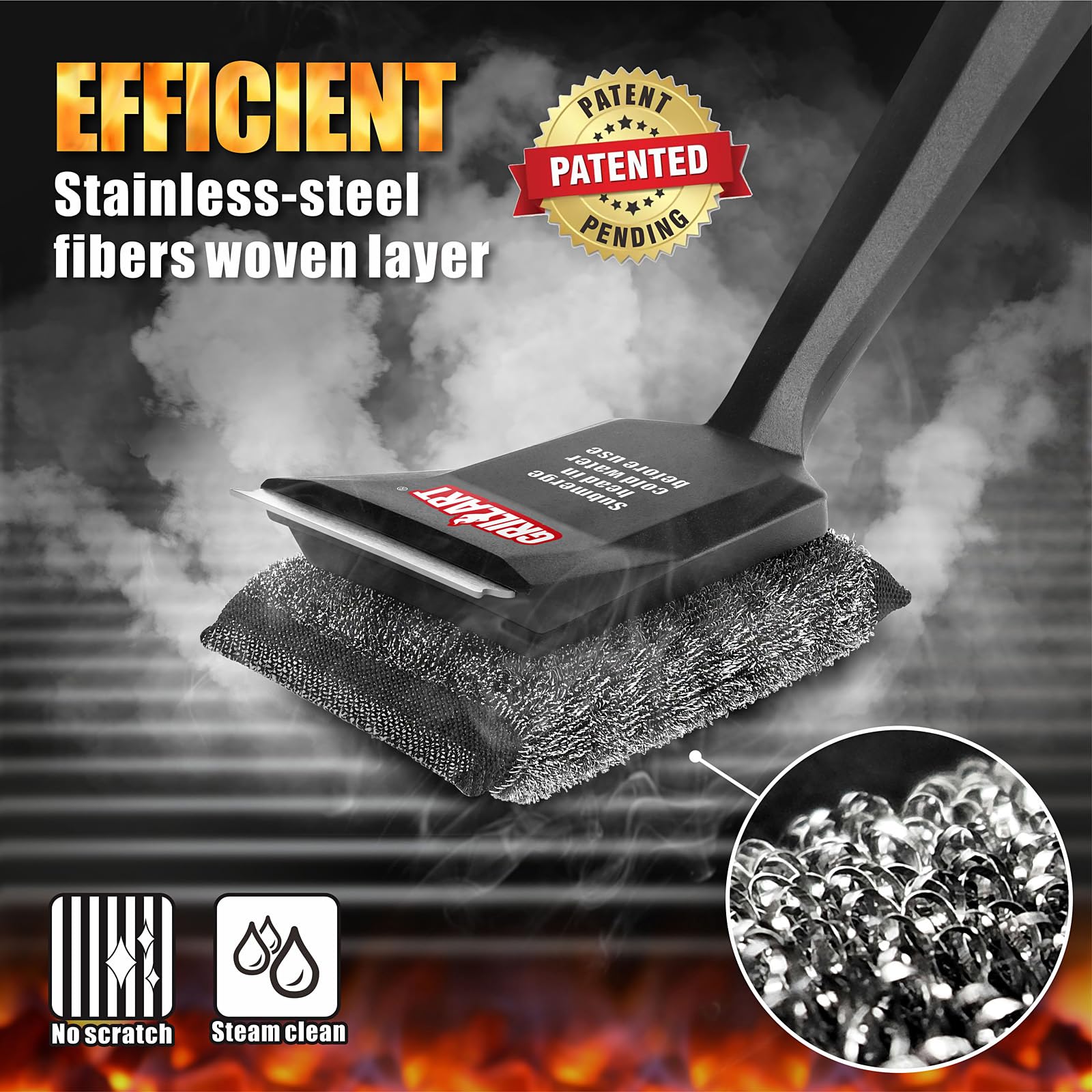 GRILLART SteamWizards flexible steel-fiber layer enhances cleaning with steam power.