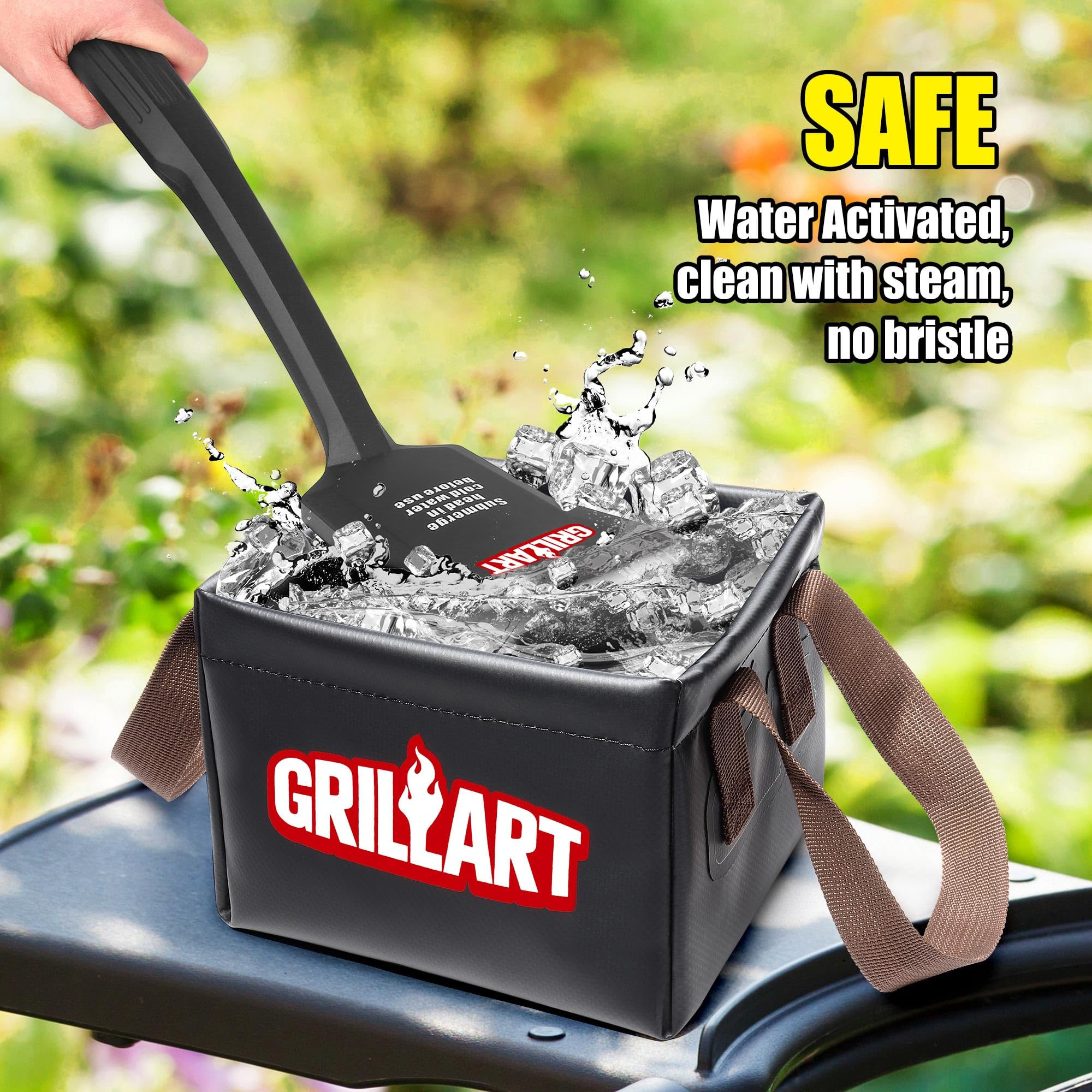 GRILLART StelFyber replaceable pad attached to handle for long-lasting grill cleaning.