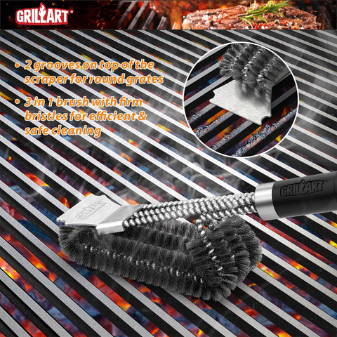 GRILLART sturdy stainless steel brush lasts through frequent use.