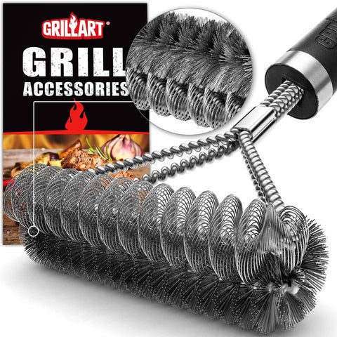 GRILLART wire-helix brush cleaning stubborn grill grime from grates.