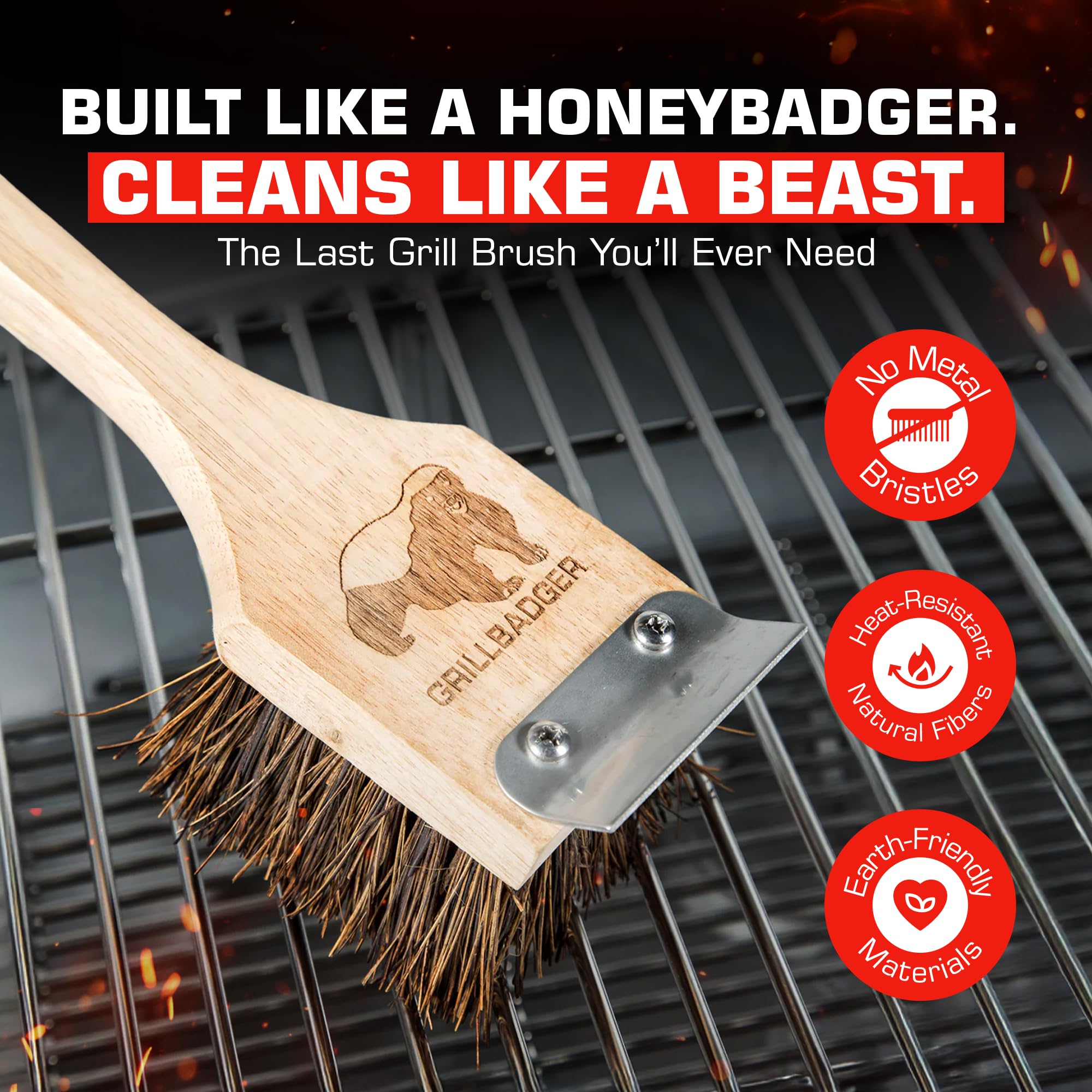 GRILLBADGER heat-resistant bristles allow quick post-cook cleaning on hot grills.