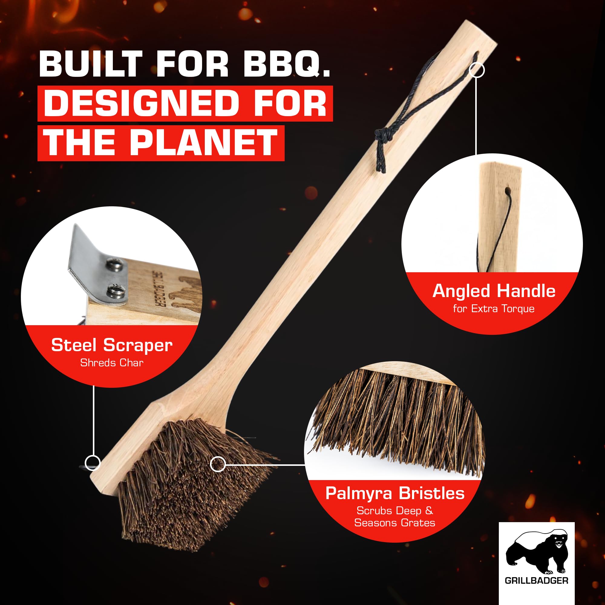 GRILLBADGER natural bristles season grates while cleaning for better flavor.