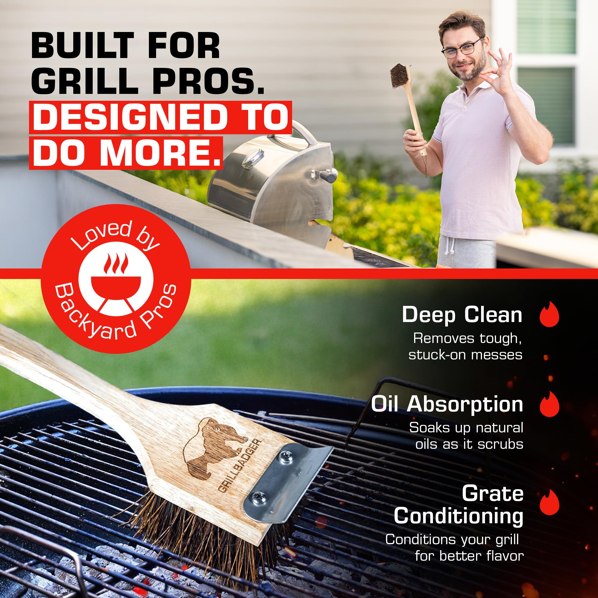 GRILLBADGER scraper included for stubborn residue on outdoor grill grates.